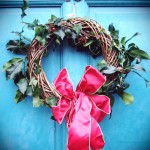 evergreen wreath on the front door